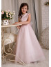 Pearl Neck Blush Pink Satin Tulle Ankle Length Flower Girl Dress
